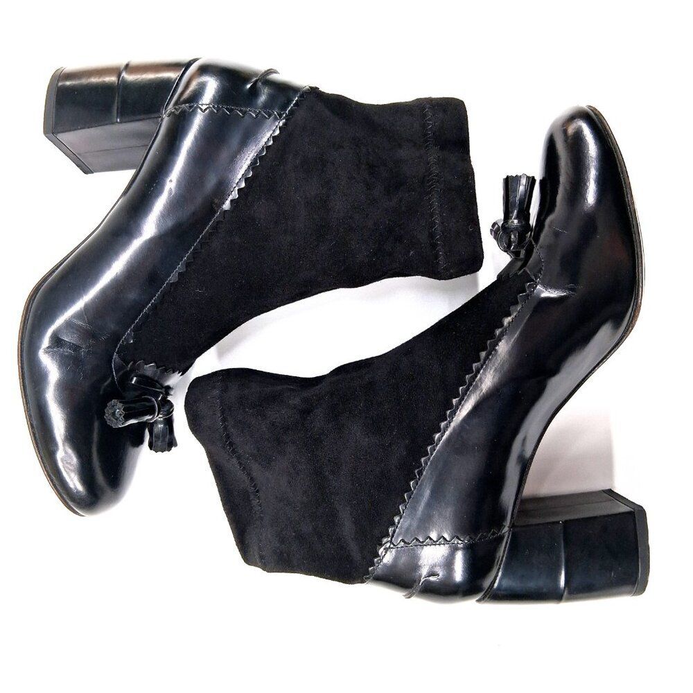 Robert Clergerie Paris Black Leather Sock Boot Heels Tassel Scallop Y2K SZ 7 - Picture 6 of 16